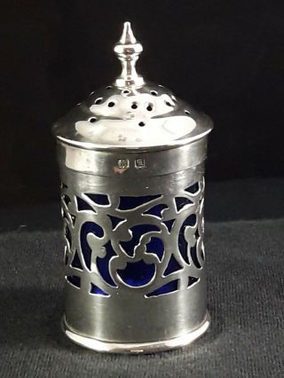 Georgian Silver Pepper Pot 1915 Example Solid Silver & Bristol Blue Liner