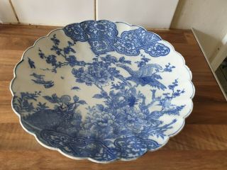 Antique Japanese Porcelain Blue/white Bird In Flowering Tree Charger