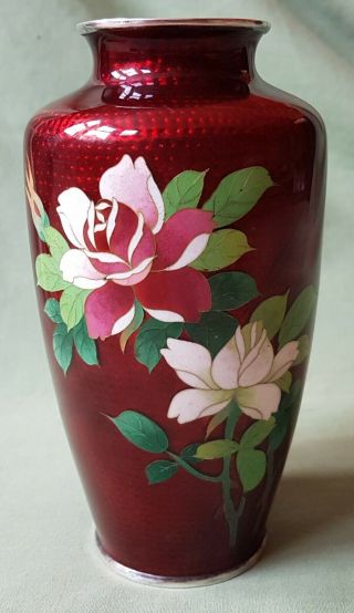 Fine Large Early 20th C Japanese Cloisonne Vase,  Silver Mounts