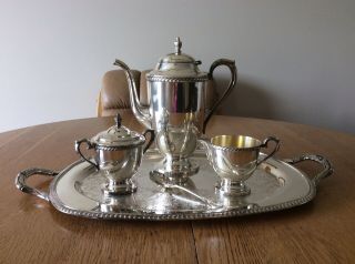 Kenton Rogers Silver Coffee/tea Set With Tray,  Creamer,  And Sugar Bowl.