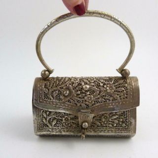 Antique Silver Indian Jaal Purse Bag With Floral And Bird Decoration