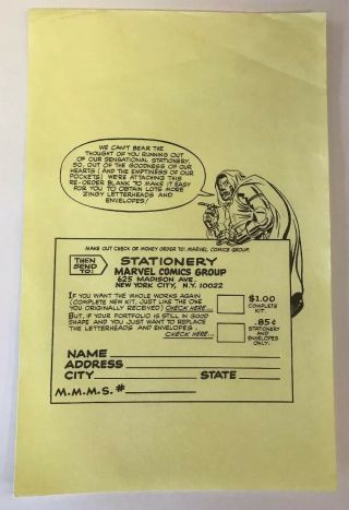 Marvel Comics Mmms 1965 Stationery Reorder Sheet Doctor Doom Fn