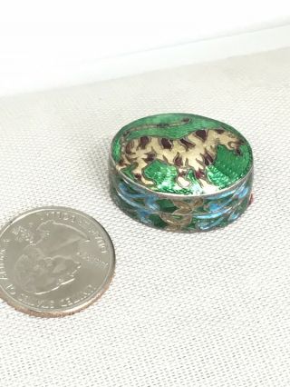 Antique Vintage Sterling Silver Enamel Guilloche Snuff Pill Box Tiger On Top B5