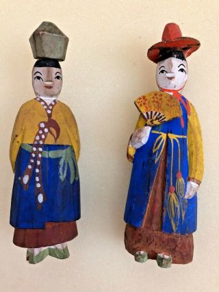 Vintage 1940s Korean Custom Carved & Hand Painted Wooden Dolls Korea