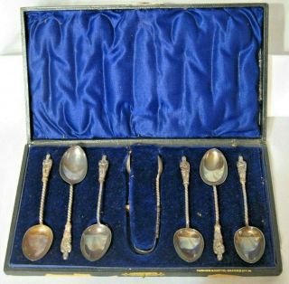 Antique Boxed Set Of 6 Silver Apostle Sugar Spoons And Tongs T.  Hayes 1845 Birmin