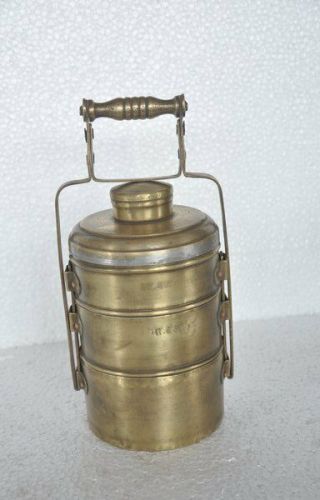 3 Pc Old Brass Handcrafted 3 Compartment Unique Shape Tiffin Box,  Rich Patina