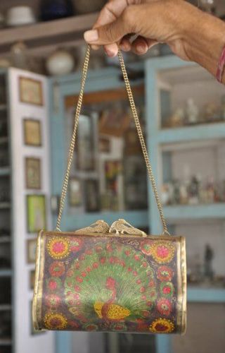 Old Brass Handcrafted Floral Engraved Lacquer Work Lady Purse,  Patina