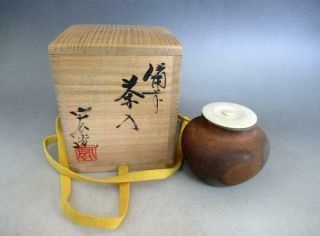 Japanese Bizen Ware Tea Caddy Chaire W/signed Box/ Glaze/ Bone/ 8769