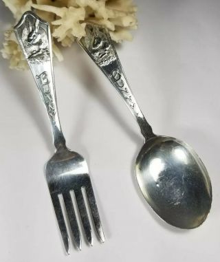 Rare Baker Manchester Sterling Silver Bunny Child Baby Fork And Spoon Gift
