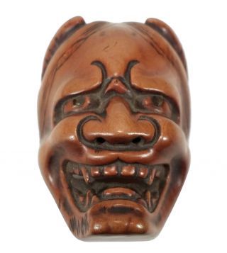 Finely Carved Old Vintage Japanese Wood Wooden Mask Demon Face Netsuke Japan