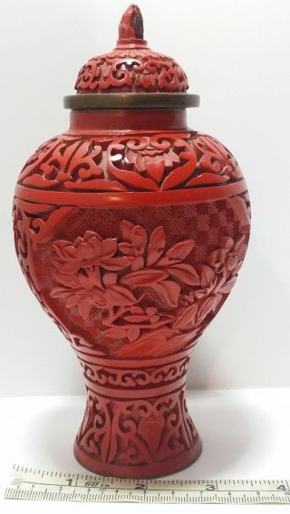 Vintage Chinese Red Cinnabar Lacquer Lidded 7 " Jar / Urn Vase Blue Enamel Brass.