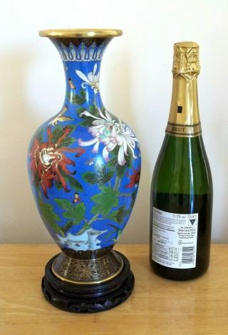 Large Vintage Chinese Cloisonne Enamel Chrysanthemum Vase,  With Wooden Stand