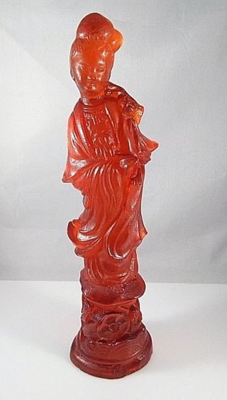 Rare Vintage Asian Woman Standing Statue Figurine Red Amber Resin Plastic 10 " H