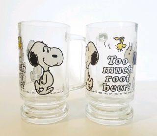 2 Vtg - Snoopy Smiley Face " Too Much Root Beer " Glass Drinking Mug Cup Peanuts