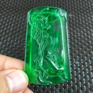 Collectible Chinese Green Jadeite Jade Handwork Lotus & Goldfish Rare Pendant