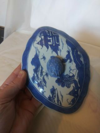 Canton Blue White Lg.  Tureen Lid 1850,  S Chinese China 7 3/8 X 5 1/2 ".  Cond