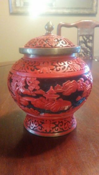 Antique Vintage Chinese Finely Carved Cinnabar Lacquer Lidded Jar
