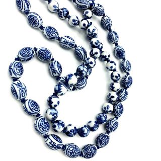 Vintage Asian Chinese Porcelain Two Necklace Blue White Round Oval Beads 2