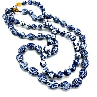Vintage Asian Chinese Porcelain Two Necklace Blue White Round Oval Beads 3