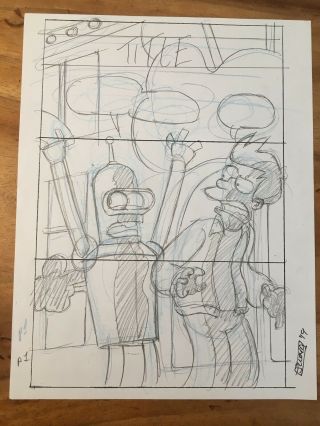 Four Pages Of Art 8 " X 11 " From Futurama 77 - One Is A Revision,  Signed