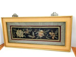 Antique Framed Chinese Embroidery Panel Silk W Metallic Thread Butterfly