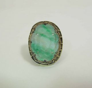 Antique Chinese Silver & 24 X 18 - Mm Carved Moss On Snow Jadeite Adjustable Ring