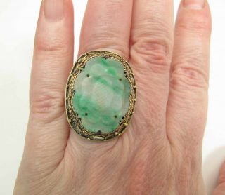 Antique Chinese Silver & 24 x 18 - mm Carved Moss On Snow Jadeite Adjustable Ring 2