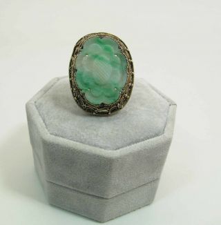 Antique Chinese Silver & 24 x 18 - mm Carved Moss On Snow Jadeite Adjustable Ring 5