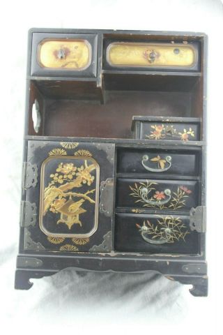 15 " Tall Antique Or Vintage Japanese Signed Black Lacquer Jewellery Cabinet Af