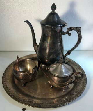 Vintage Leonard Silver Plate 4 Piece Coffee Tea Pot Creamer Sugar & Tray Set C5