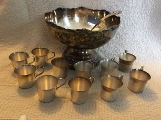 Vintage Footed Punch Bowl Silverplate Japan Rose & Ladle W/ 11 Wallace Cups