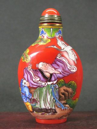 Chinese Elder Boy Crane Hand Painted Peking Enamel Glass Snuff Bottle