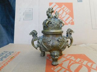 Antique Chinese Carved Brass Incense Burner With Lid And Marked