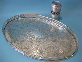 Large Antique Silver Plated Hand Engraved Oval Gallery Serving Tray