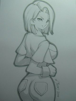 Android 18 Dragon Ball Girl Sexy Busty Sketch Pinup - Mikan Art