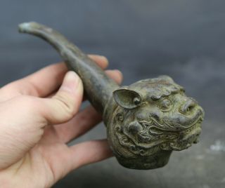 3.  9 " Chinese Bronze Old - Fashioned Lion Head Tobacco Pipe Smoking Paraphernalia