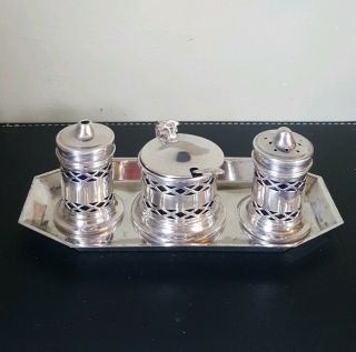 Vintage Falstaff Silver Plated Complete Cruet Set & Tray With Blue Glass Liners