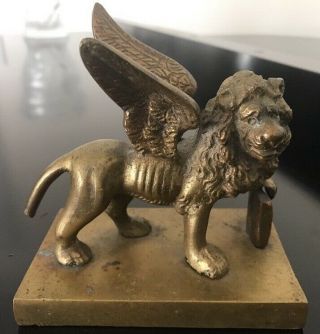Vintage Or Antique Winged Griffin Lion Holding Tablet Brass Figure Rare