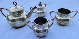 James W Tufts Quadruple Silverplate Teapot Creamer Sugar Waste Bowl 4 Piece Set