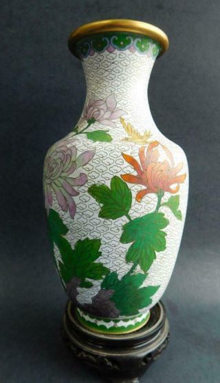 Cv2 Quality Chinese Cloisonné Enamel Vase Chrysanthemum & Bird On White Ground
