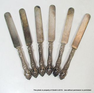6 - Pc Vintage Sterling Silver Dinner Knives 11.  6 - Oz Ornate Handles