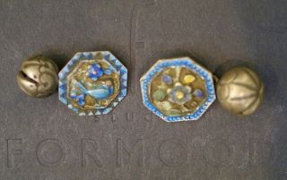2 Antique Chinese Qing Dynasty Enamel & Silver Bells Imperial Robe Buttons