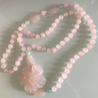 Vintage Carved Rose Quartz Jade Necklace