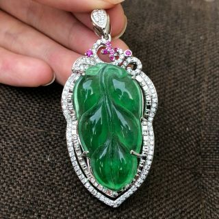 Collectible Chinese S925 Silver & Jadeite Jade Handwork Rare Green Leaf Pendant