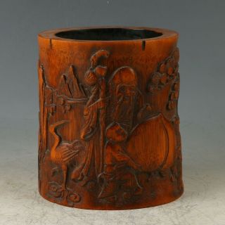 Chinese Bamboo Wood Hand Carved Old Man & Child Brush Pot My0598