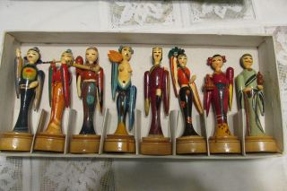 Vintage 8 Chinese Immortals Mid Century Hand Carved And Painted