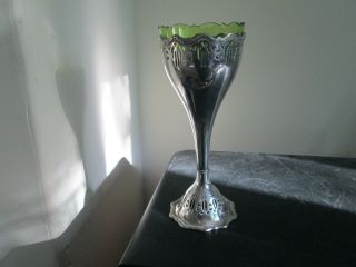 Epns Art Nouveau Silver Plate Pierced Vase With Green Glass Liner