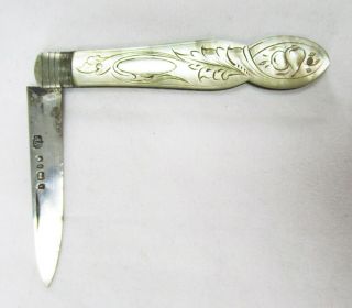 Carved Mother Of Pearl & Sterling Silver Folding Fruit Knife Birmingham W/case