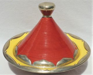 Large 16 " Vtg/antique Silver Overlay Morocco Pottery Tagine Tajine Covered Bowl