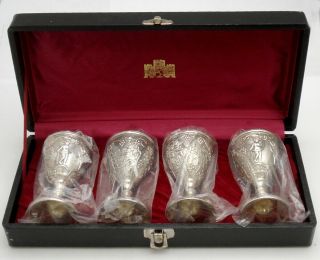 Vintage Set Of 4 Corbell & Co Silver Plated Cordial Cupid Goblets 3 1/2 " W/case